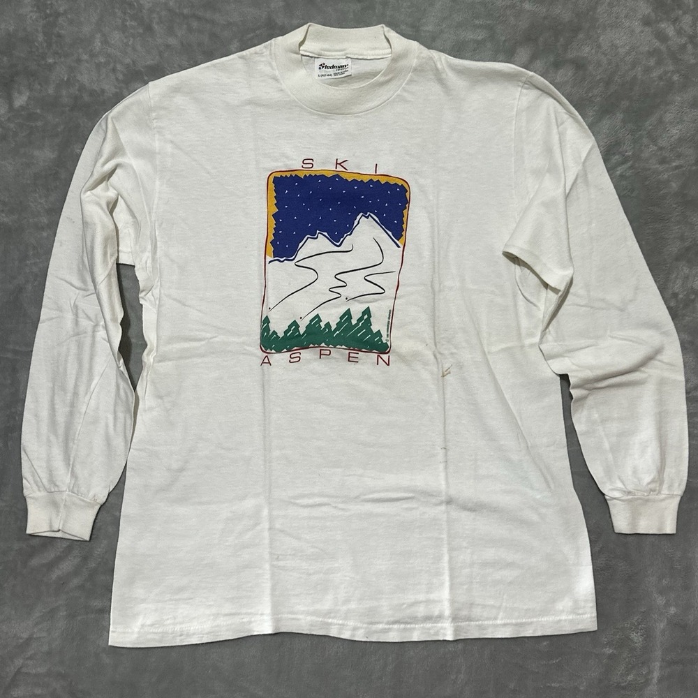 Vintage 80s Aspen Colorado Ski Graphic Crewneck Long Sleeve T-Shirt USA Mens - L